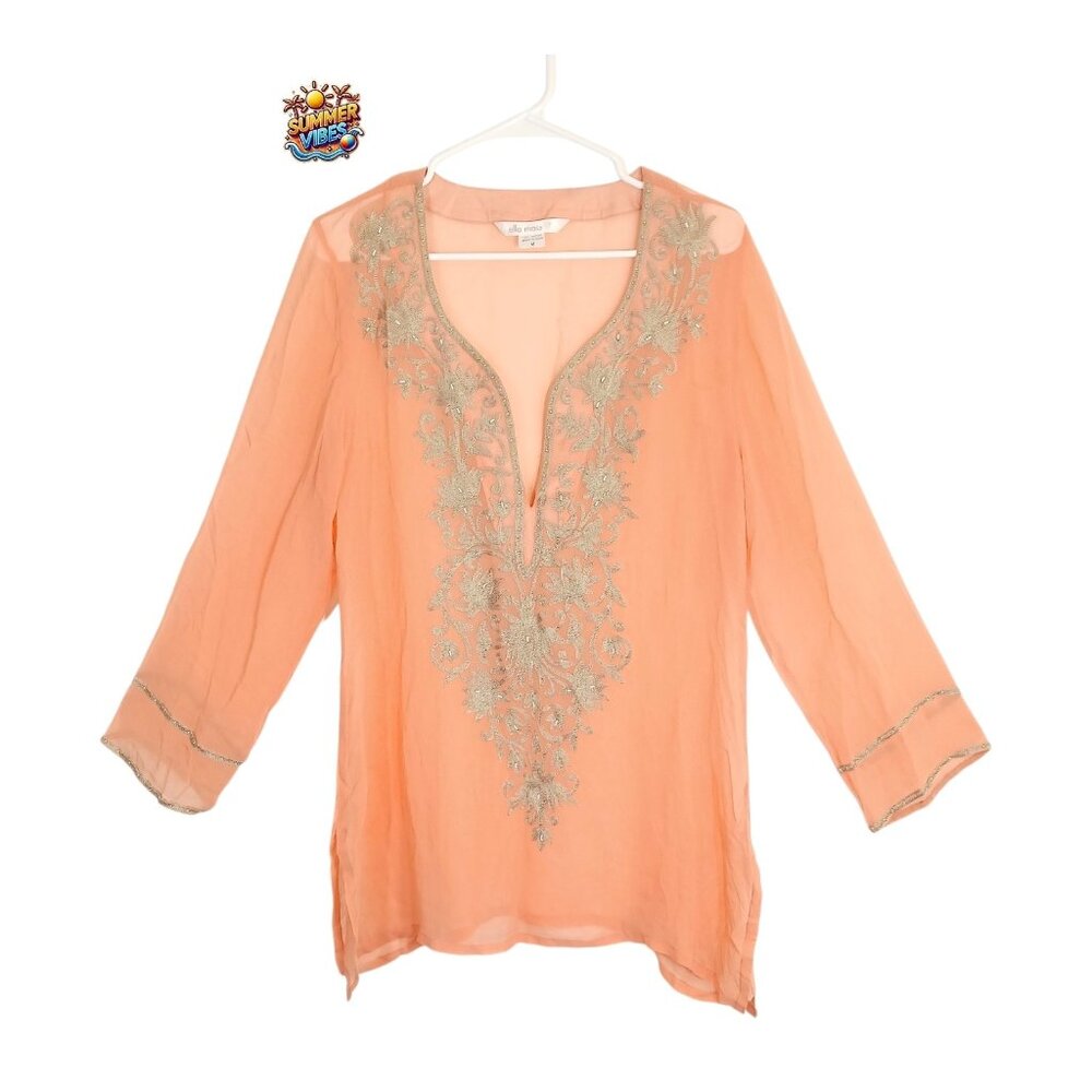 Ella Moss Women’s Embroidered Tunic Blouse Peach Sheer Rayon M Boho Top 🌸